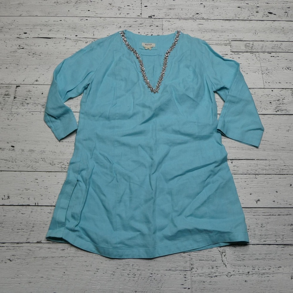 Malvin Shirt Womens Large Blue Linen‎ Embellished V-Neck Tunic Top Sequin Trim
